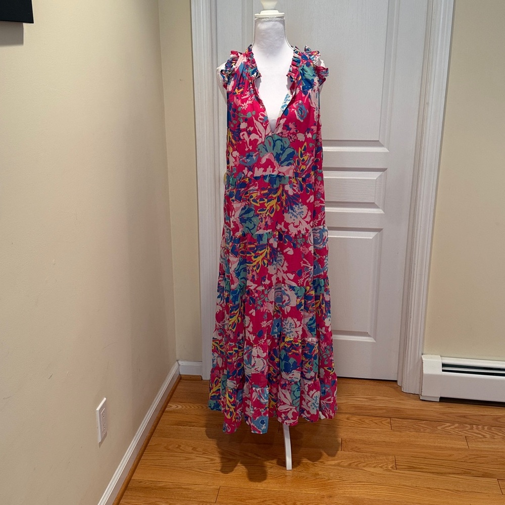 Mud Pie Pink Floral Ruffle-Trim Maxi Dress